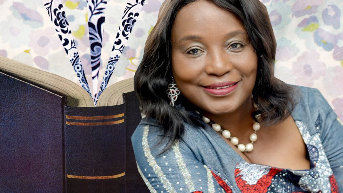 A collage of Sisi Lawyer smiling next to a large open book, with a colourful background