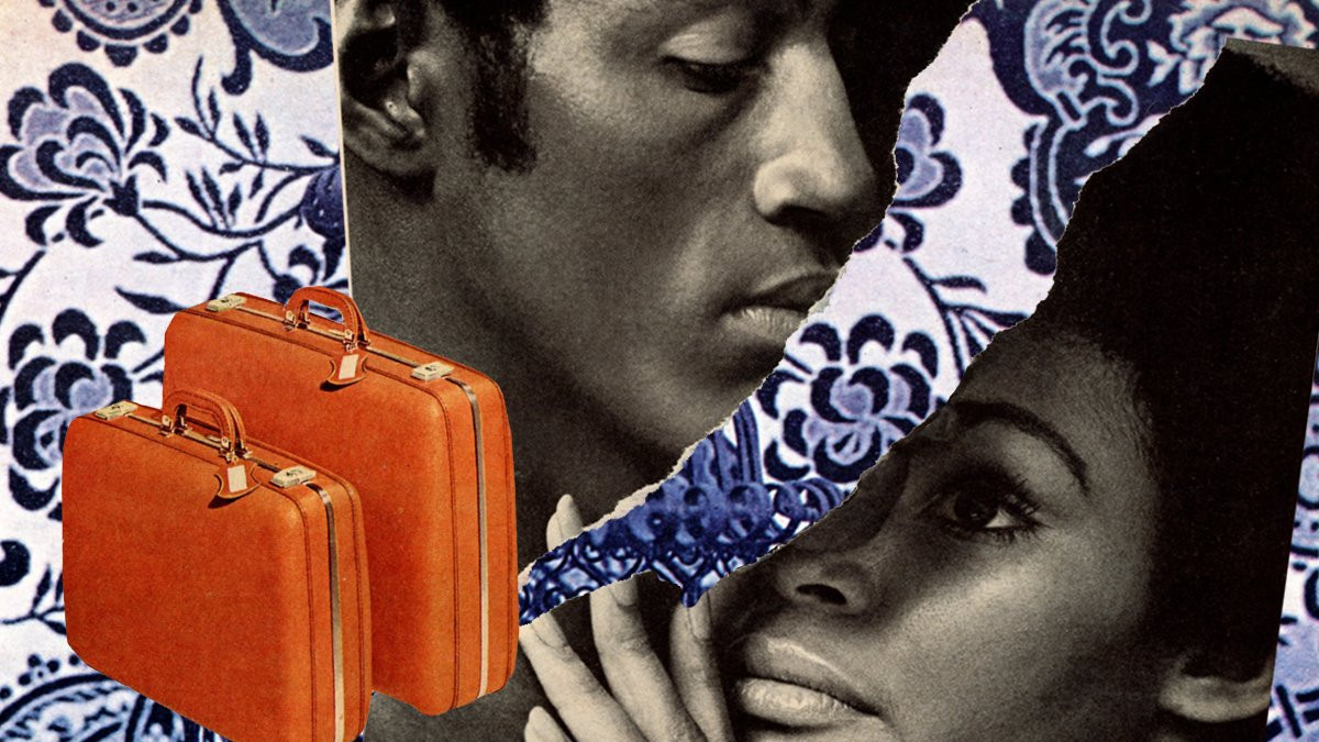 Collage of a retro black and white photo of a couple, a split between them. Two orange suitcases next to them.