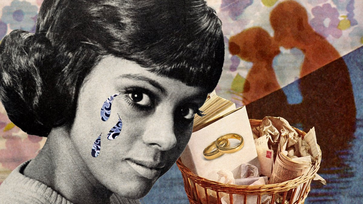 A collage of a woman crying (the tears are stylised in printed blue), a bin with a book of wedding rings and and image of a couple kissing behind her.