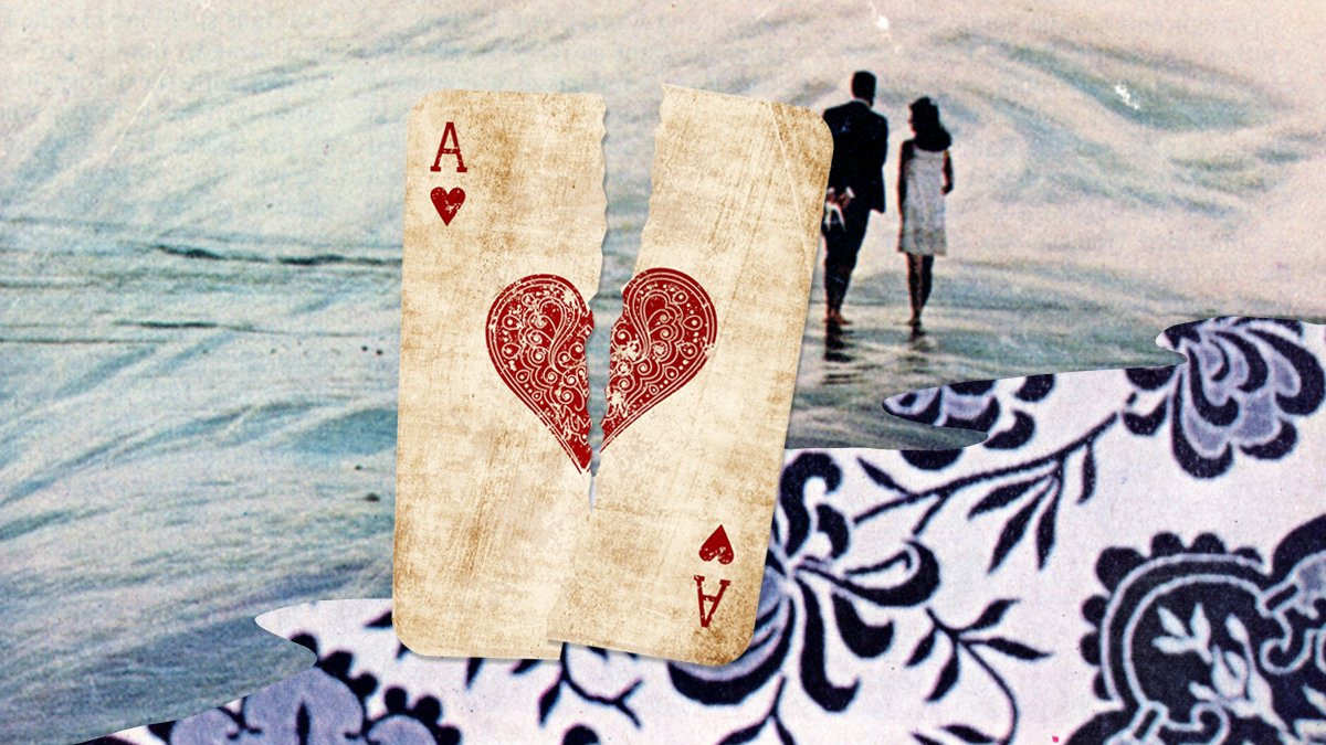 A collage of a couple walking near a beach, a playing card with ace of hearts is torn behind them.