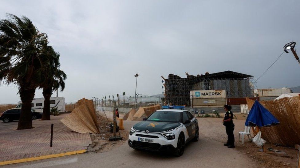 A civil guard car at the venue of the Medusa Festival de Cullera, near Valencia, Spain. Photo: 13 August 2022