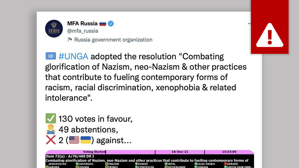 A tweet from the Russian Foreign Ministry on the results on the UN vote of around the glorification of Nazism