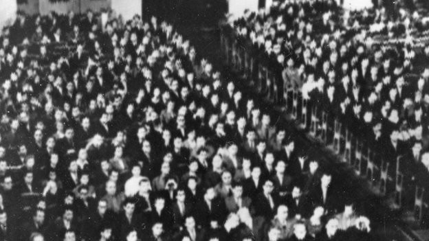 Francis Gary Powers in the dock in a packed Moscow courtroom