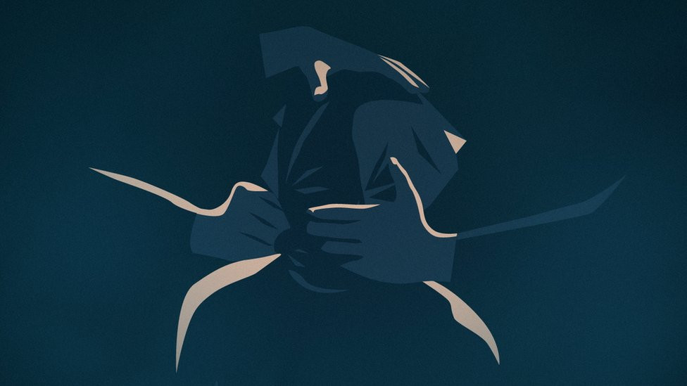 Graphic showing a bag placed over a woman's head and held tightly in place