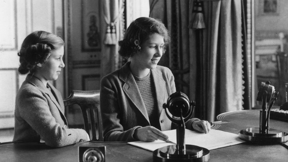 Princess Elizabeth makes her first broadcast, accompanied by her younger sister Princess Margaret Rose 12 October 1940 in London