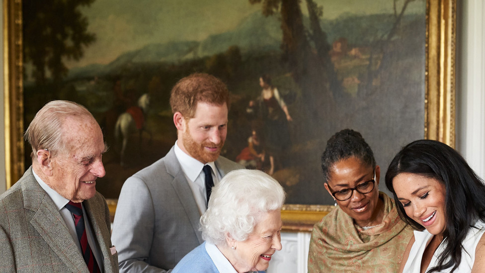 The Duke and Duchess of Sussex are joined by her mother, Doria Ragland, as they show their new son, born Monday and named as Archie Harrison Mountbatten-Windsor, to the Queen Elizabeth II and the Duke of Edinburgh at Windsor Castle. 3 May 2019