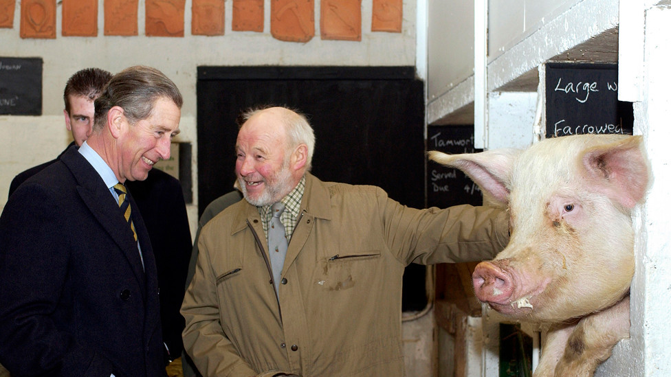 Kralj Čarls Treći sa uzgajivačem svinja Piterom Hartom, tokom posete organskoj farmi 31. januara 2003.