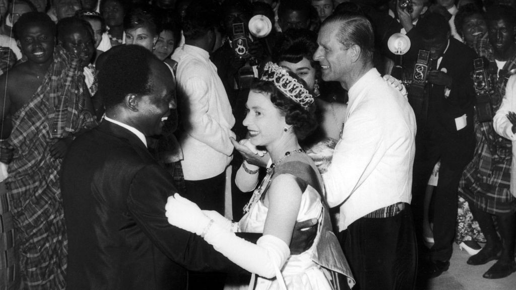 Queen Elizabeth dancing with Ghanaian president Kwame Nkrumah in 1961, four years after the country gained independence