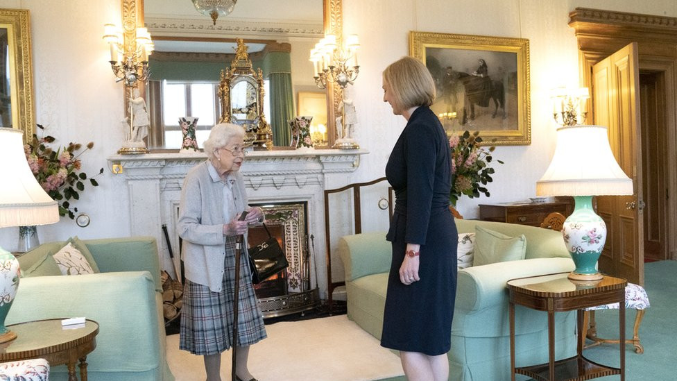 Queen Elizabeth II welcomes Liz Truss during an audience at Balmoral, Scotland
