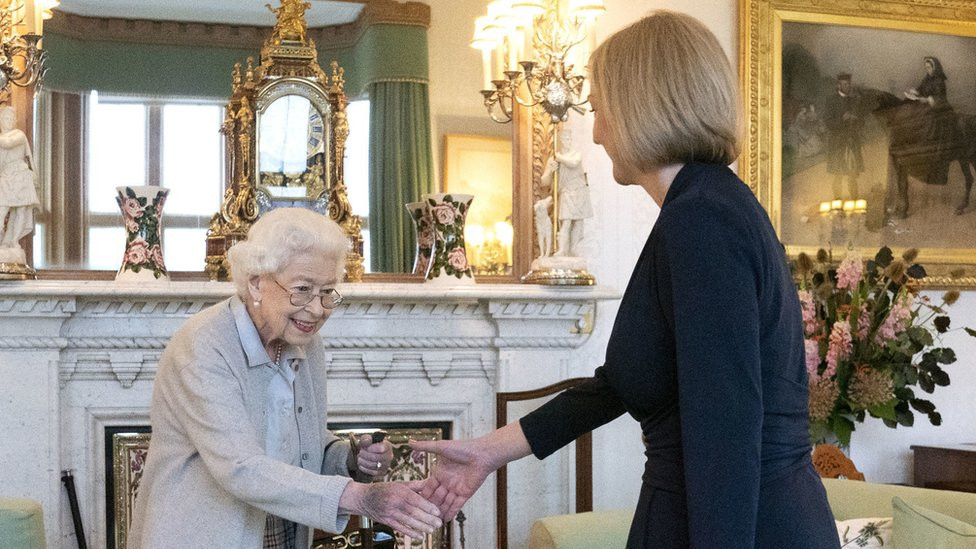Queen Elizabeth II welcoming Liz Truss during an audience at Balmoral, Scotland