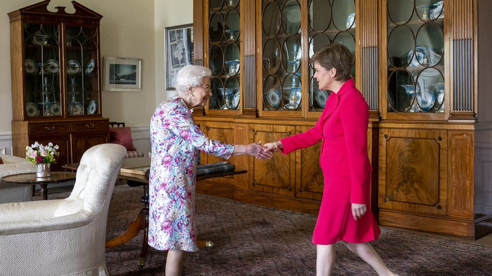 Queen Elizabeth II receives First Minister of Scotland Nicola Sturgeon during an audience at the Palace of Holyroodhouse in Edinburgh, as part of her traditional trip to Scotland for Holyrood Week, on 29 June 2022