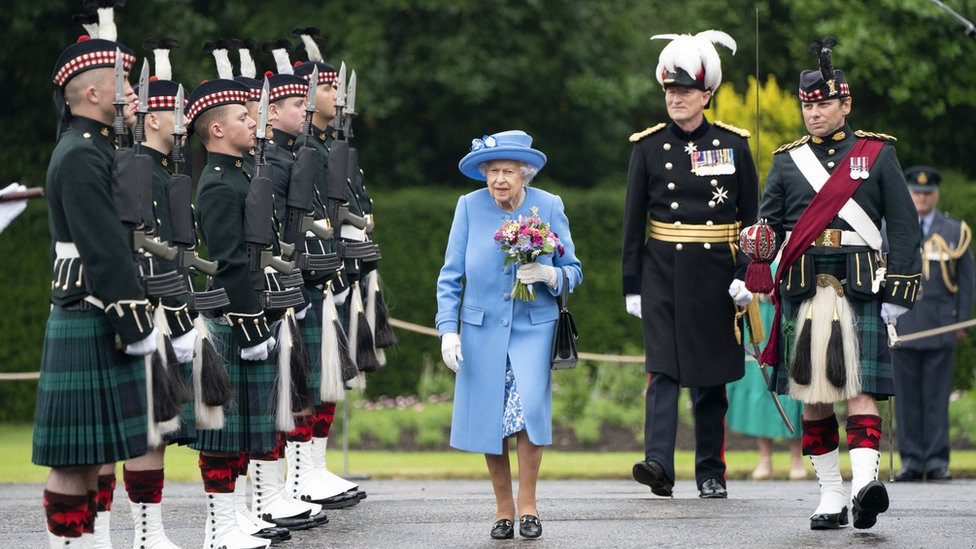 Queen Elizabeth II attending the Ceremony of the Keys on the forecourt of the Palace of Holyrood House in Edinburgh, as part of her traditional trip to Scotland for Holyrood Week, 28 June 2021