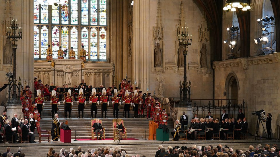 King Charles hearing condolences from the speakers in Westminster Hall