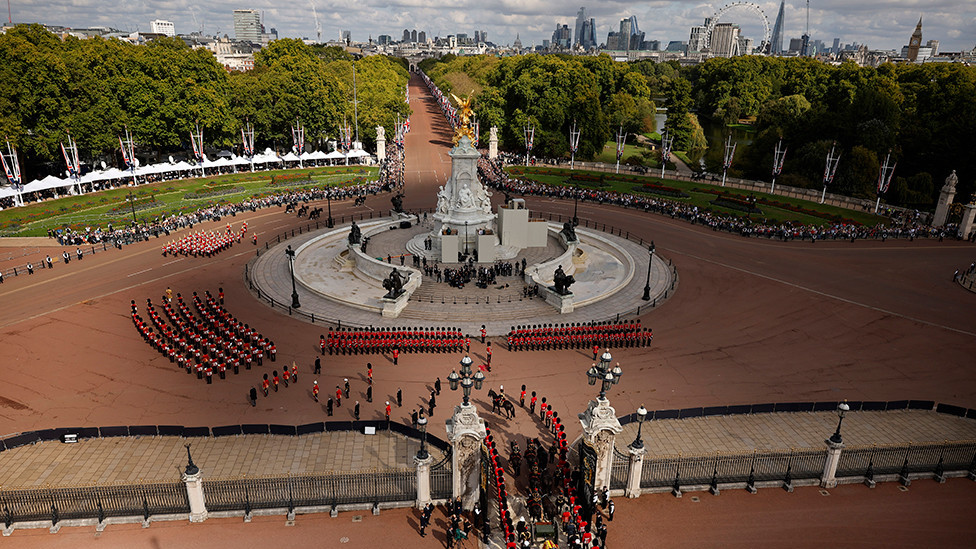 King Charles III and members of the royal family behind Queen Elizabeth II's flag-draped coffin as it is taken in procession on a Gun Carriage of The King's Troop Royal Horse Artillery from Buckingham Palace to Westminster Hall on 14 September 2022