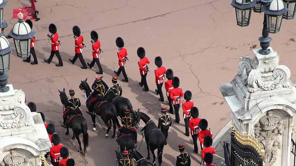 King Charles III and members of the royal family behind Queen Elizabeth II's flag-draped coffin as it is taken in procession on a Gun Carriage of The King's Troop Royal Horse Artillery from Buckingham Palace to Westminster Hall on 14 September 2022