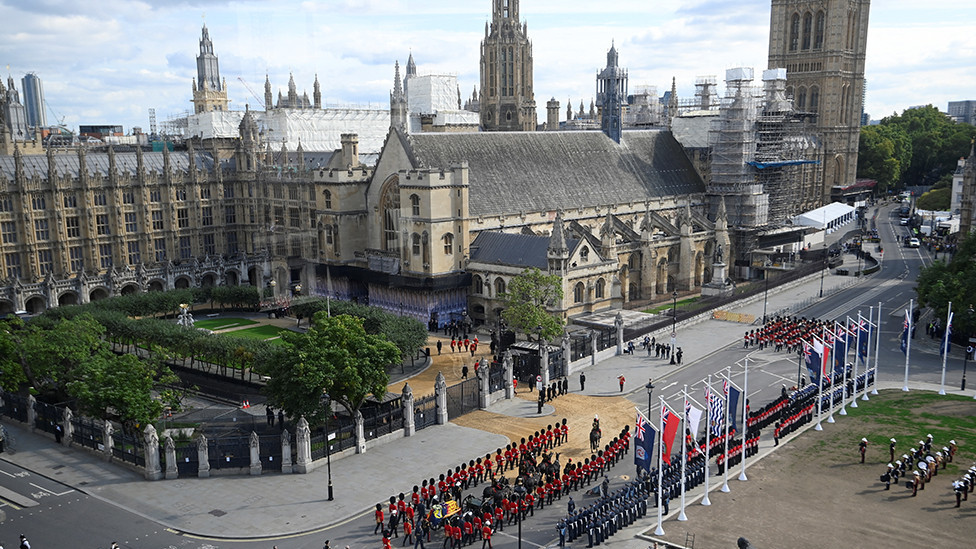 The procession of the coffin of Britain's Queen Elizabeth moves from Buckingham Palace to the Houses of Parliament for her lying in state, in London, Britain, on 14 September 2022