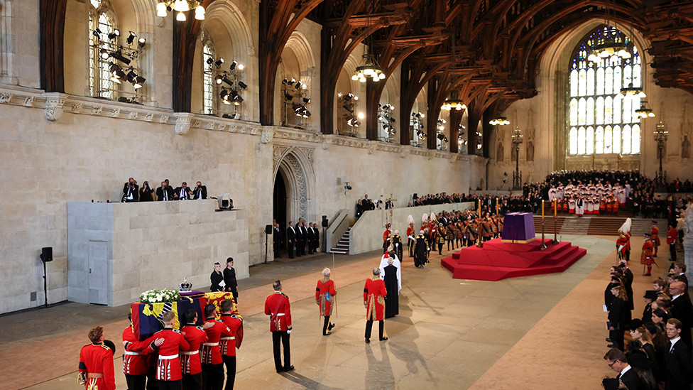 Procession with the coffin of Britain's Queen Elizabeth arrives at Westminster Hall from Buckingham Palace for her lying in state, in London, Britain, 14 September 2022