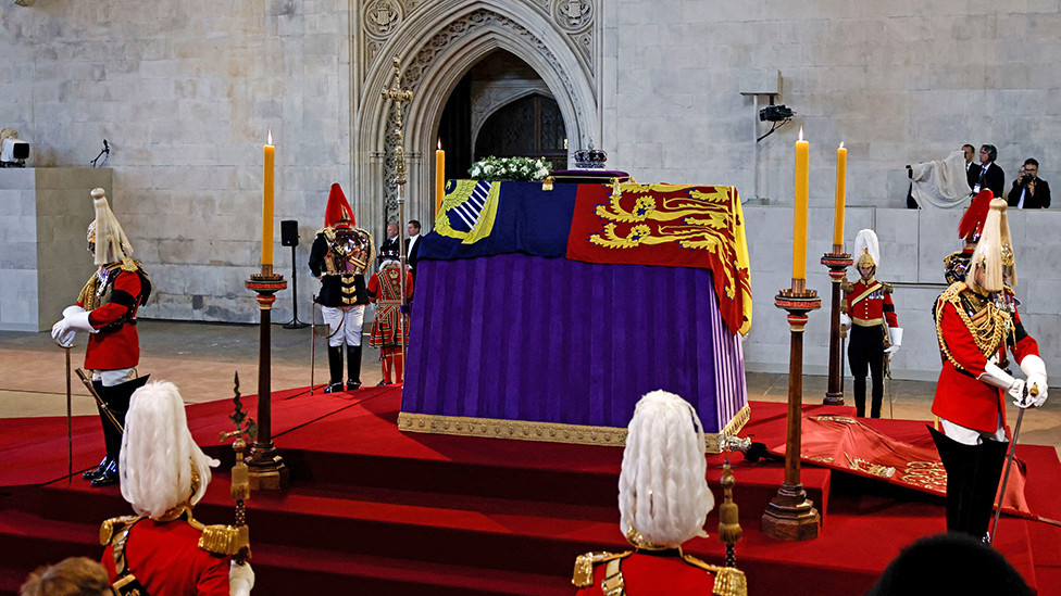 The coffin of Britain's Queen Elizabeth arrives at Westminster Hall from Buckingham Palace for her lying in state, in London, Britain, on 14 September 2022