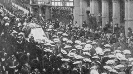 Royal Navy sailors pulling the gun carriage with Queen Victoria's coffin during her funeral in 1901