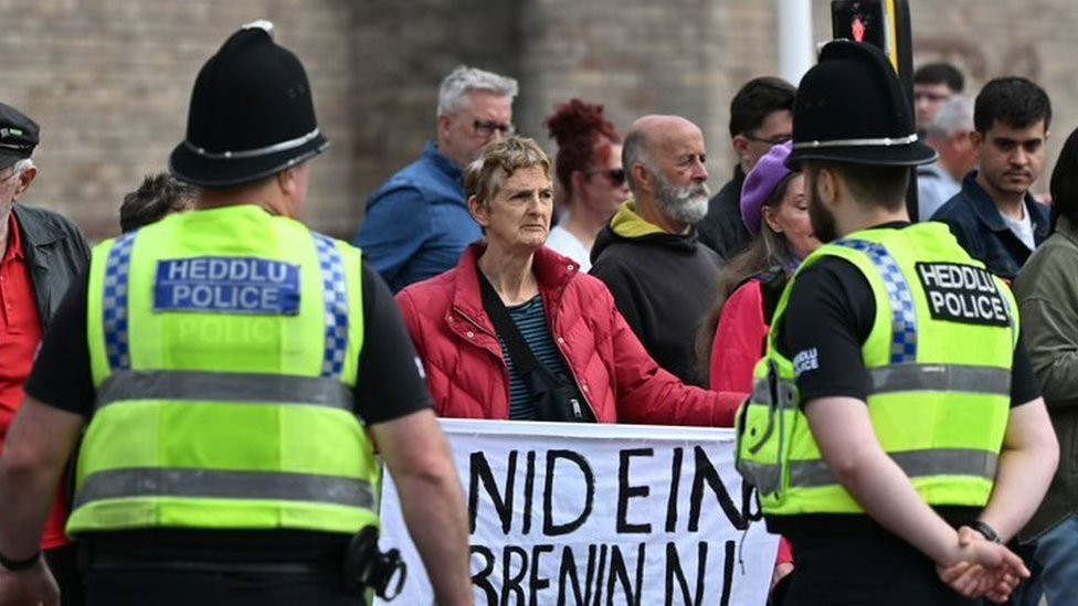 Protesters outside Cardiff Castle during the Welsh Proclamation of King Charles III on 11 September in Cardiff
