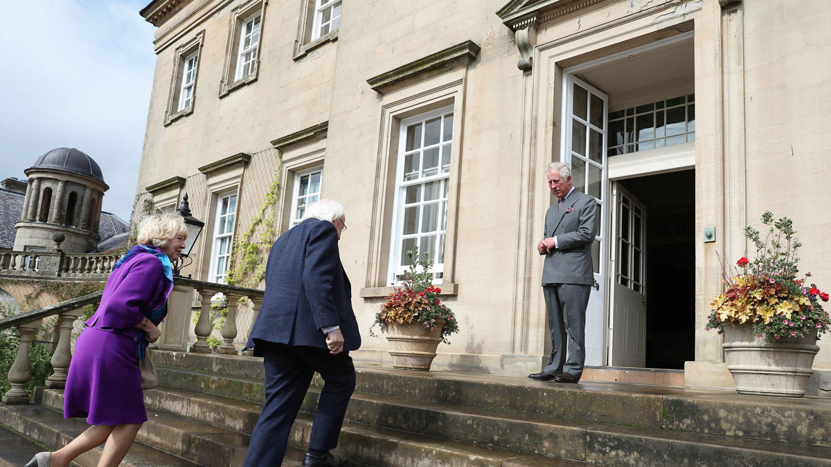 Prince Charles at Dumfries House in 2017, greeting President of Ireland, Michael D Higgins, and his wife
