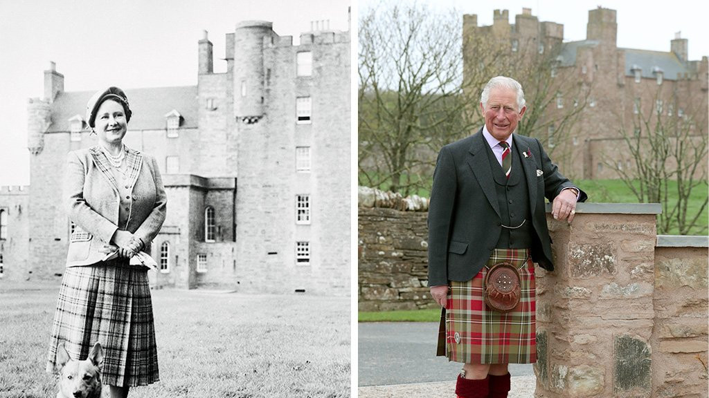 The Queen Mother pictured with her corgi Honey at the Castle of Mey in 1957 / Prince Charles visited the castle in 2019