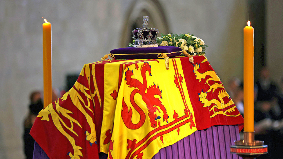 The coffin of Queen Elizabeth II inside Westminster Hall, at the Palace of Westminster, where she will Lie in State on a Catafalque, in London on 14 September 2022