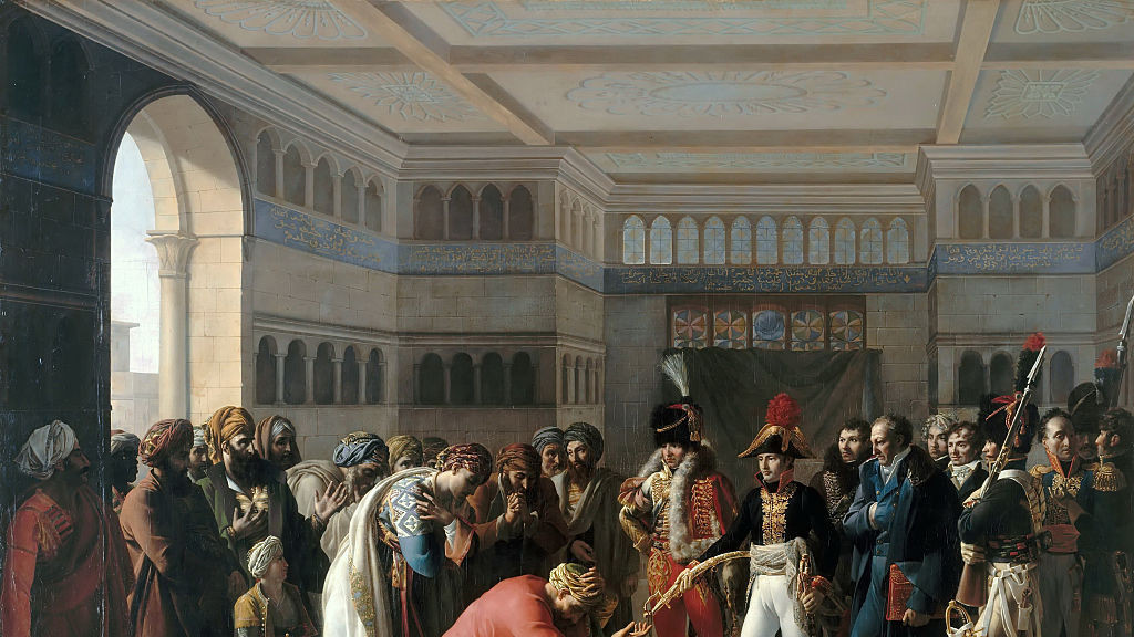 Bonaparte gives an audience to assorted Egyptians, academics and soldiers