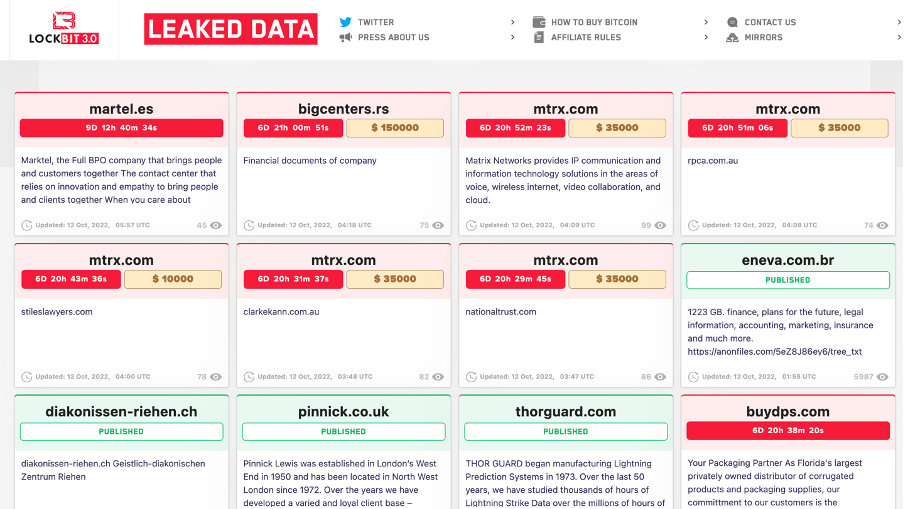 Skrinšot sa sajta grupe Lokbit na Dark vebu
