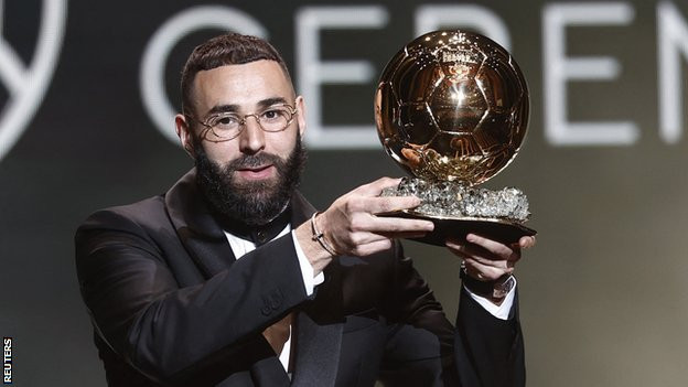 Real Madrid and France forward Karim Benzema with the Ballon d'Or