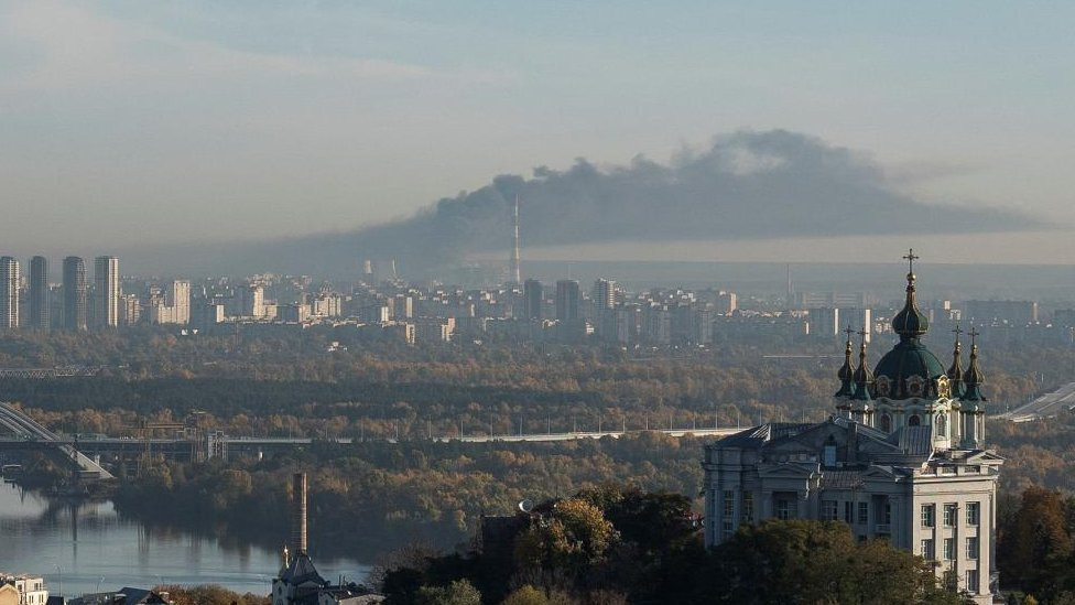 Smokes rises on outskirts of the city during a Russian missile attack, as their invasion of Ukraine continues, in Kyiv, Ukraine October 18,
