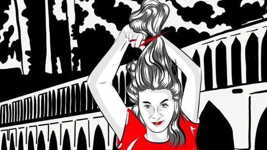 Foroozan's image of a woman cutting her hair in front of an iconic Iranian bridge