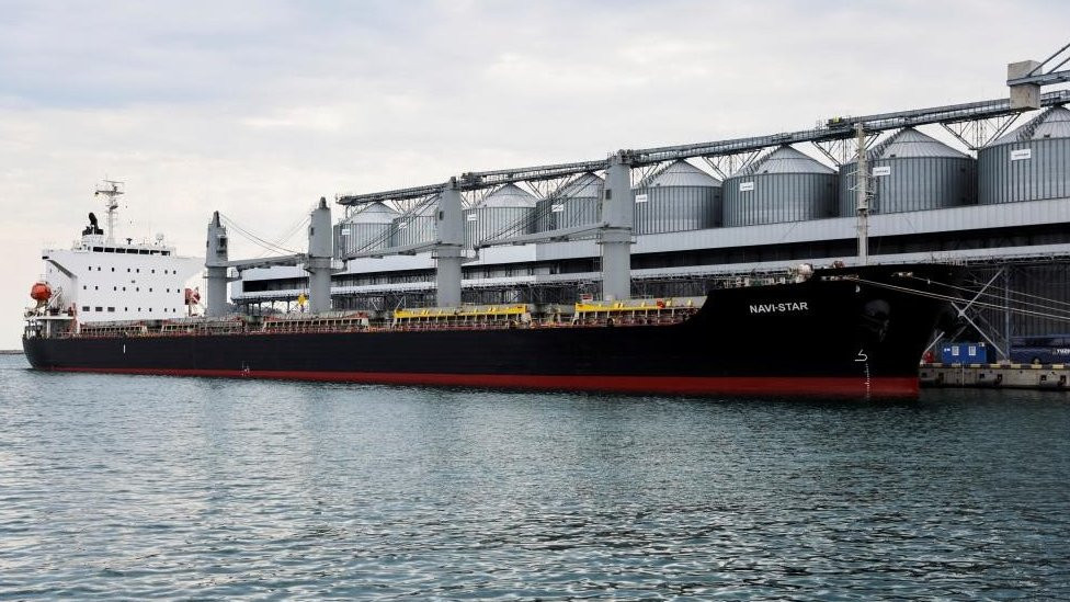 A view shows silos of grain from Odesa Black Sea port, before a shipment of grain