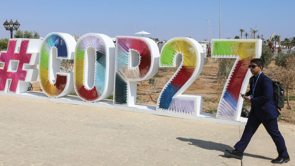 A sign reading COP27 at resort in Sharm el-Sheikh, Egypt