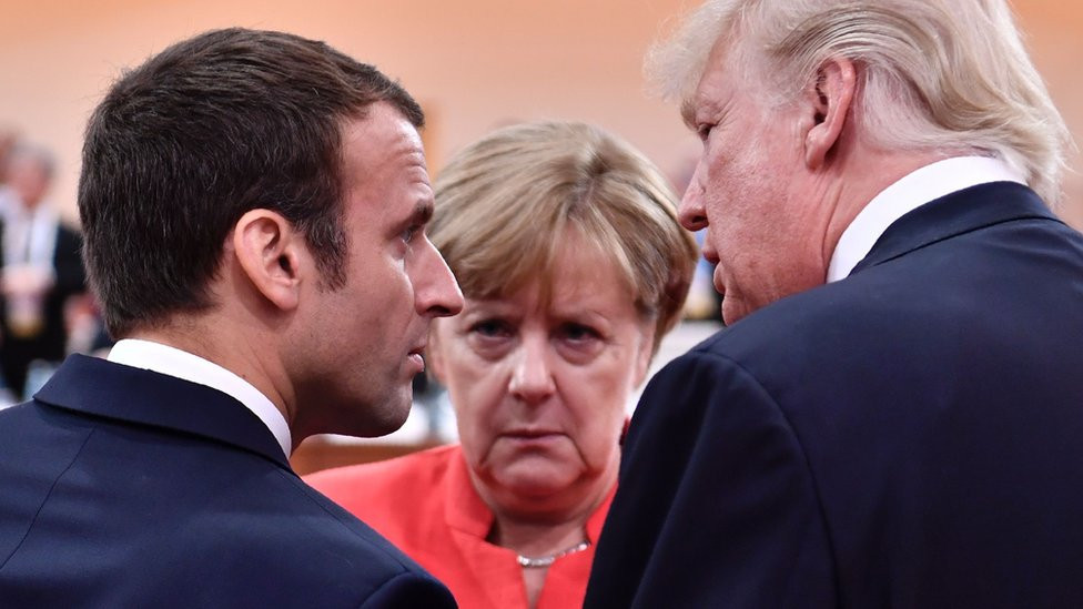 US President Donald Trump, French President Emmanuel Macron and German Chancellor Angela Merkel