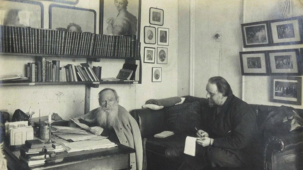 Leo Tolstoy with his secretary Vladimir Chertkov at the Yasnaya Polyana on 29 March 1909