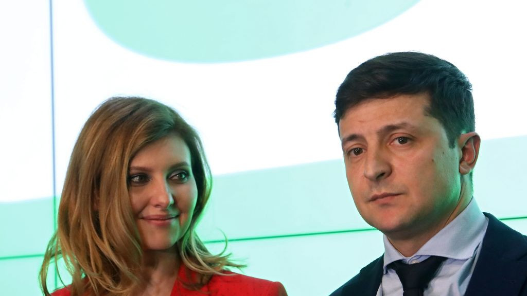 Olena Zelenska and Volodymyr Zelensky as exit polls came out indicating he had made it to the final round of the 2019 presidential election