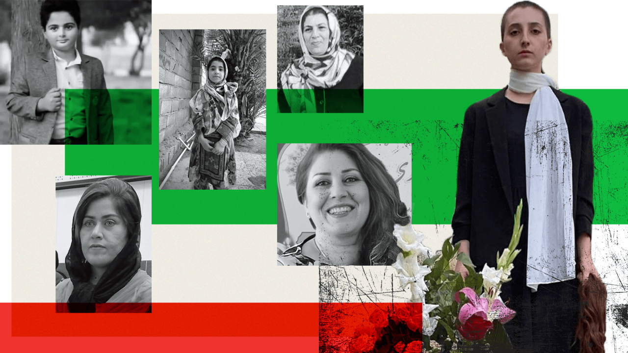 Composite image of victims of the Iran protests and Roya Piraei one of victims' daughters