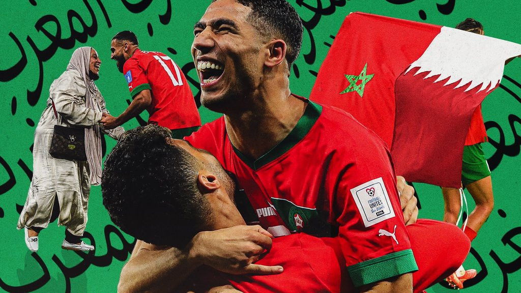 Morocco players celebrate their win over Portugal at the World Cup