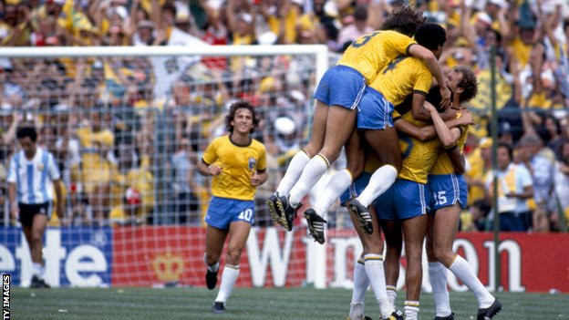 Brazil celebrate scoring against Argentina at the 1982 World Cup