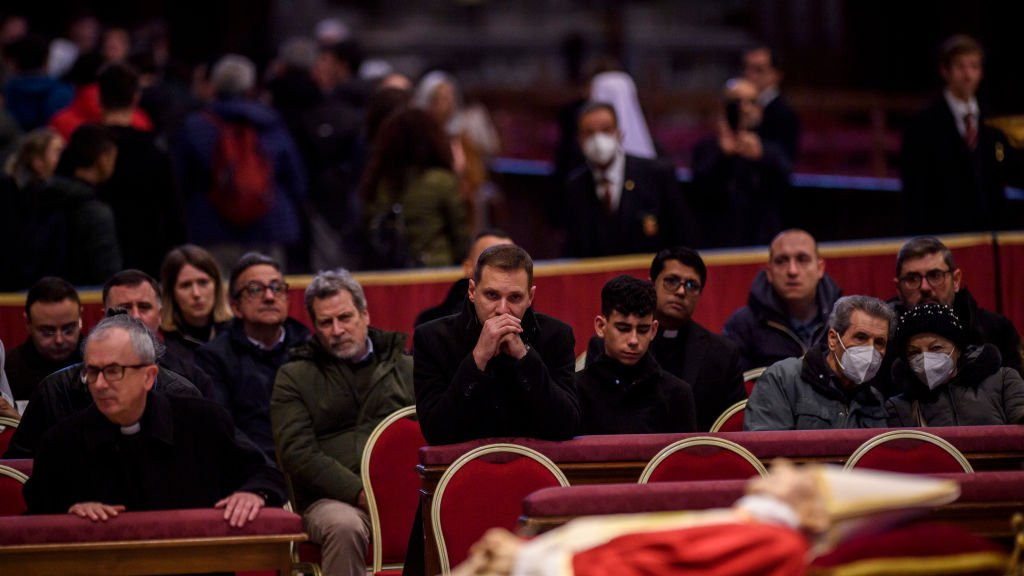 Former Pope Benedict XVI at his lying-in-state in the Vatican