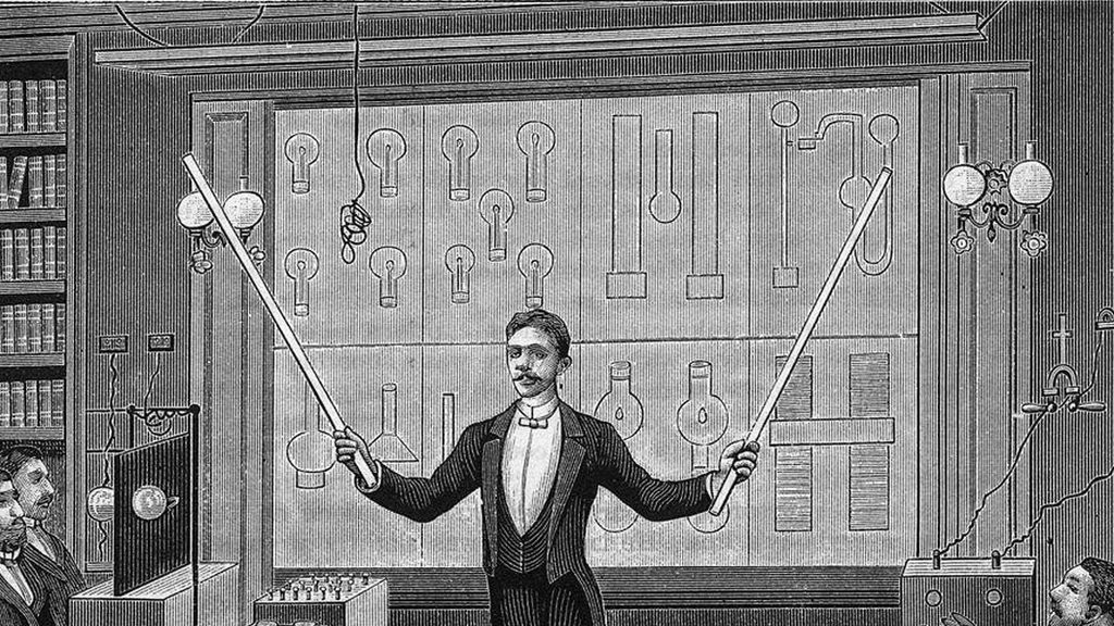 Inventor Nikola Tesla (1856 - 1943), lectures before the French Physical Society and the International Society of Electricians, Paris, France.