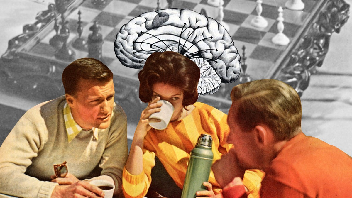 Woman with big brain, two men and a chessboard