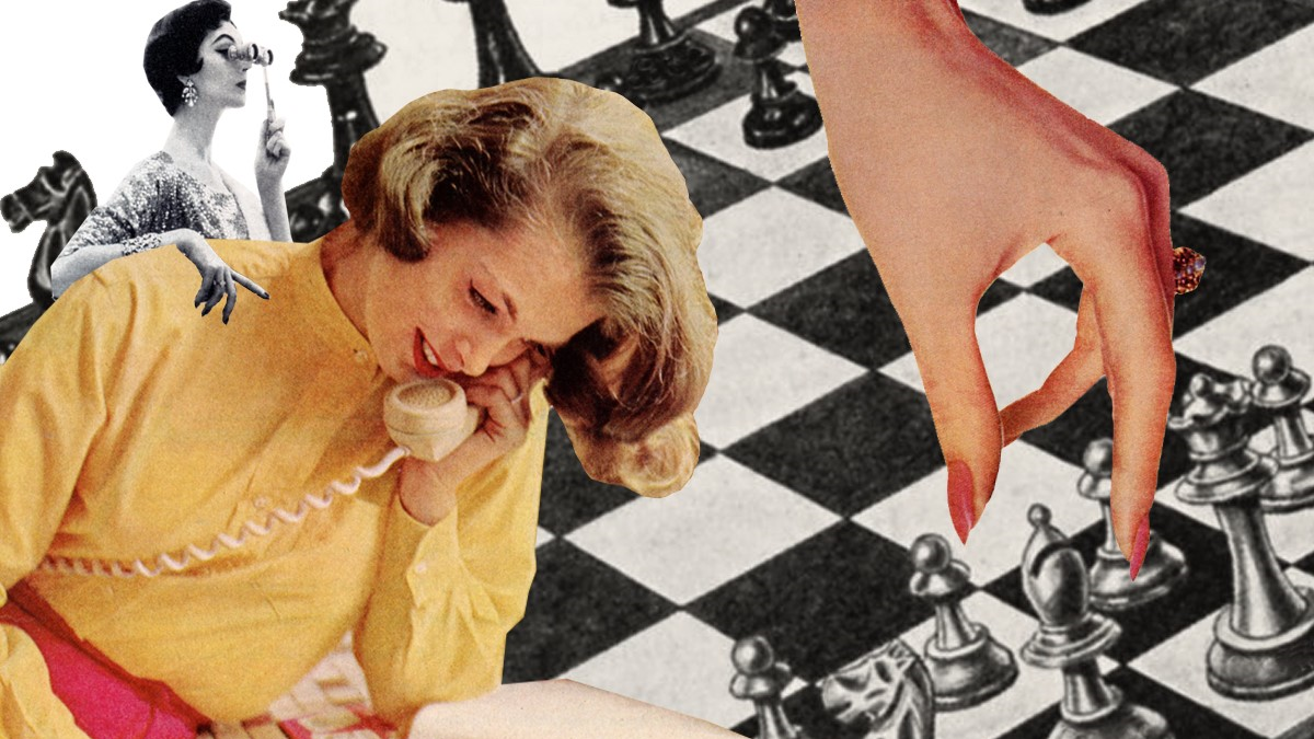 Woman on telephone with chessboard