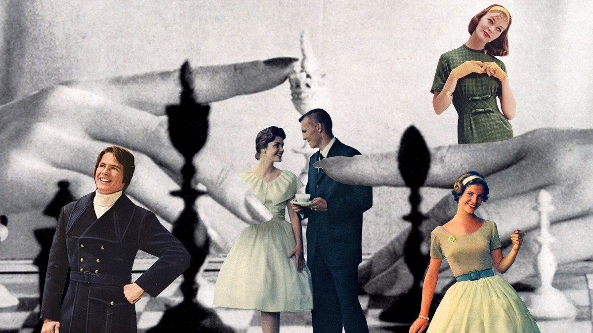 Elegant women and men posing among chess pieces