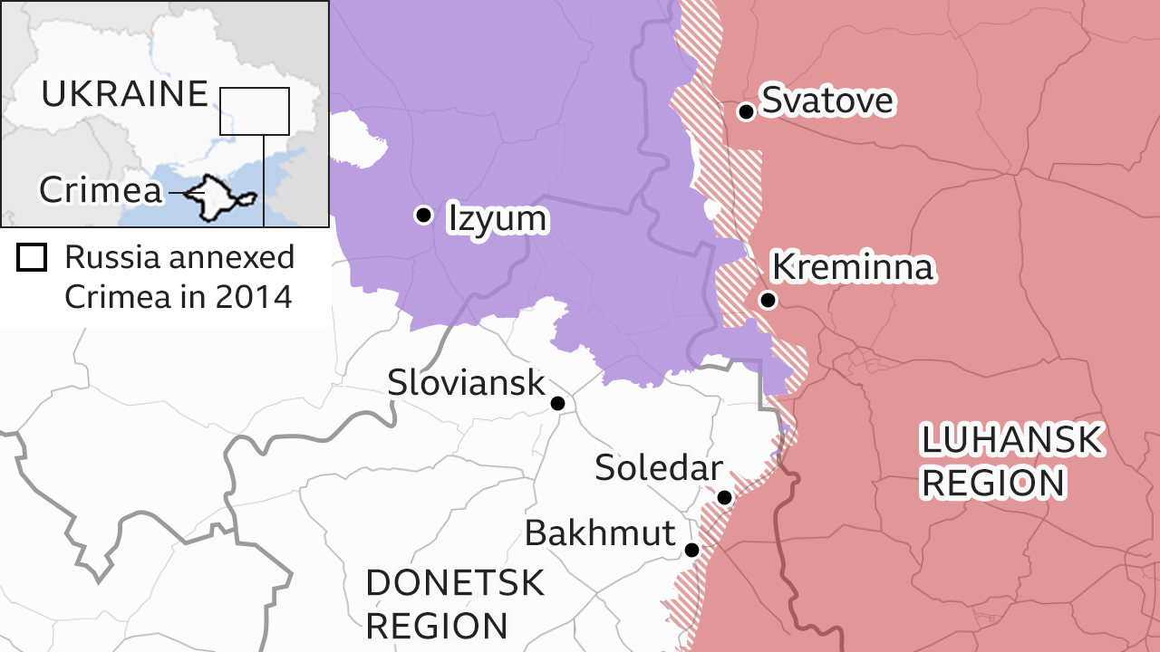 Map of eastern Ukraine showing Soledar and Bakhmut on the front line