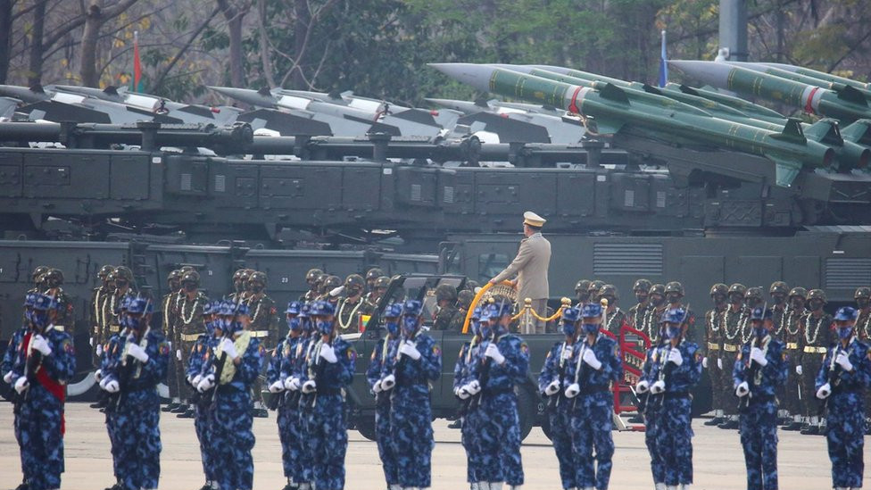 Myanmar's junta chief Senior General Min Aung Hlaing, who ousted the elected government in a coup on February 1, presides an army parade on Armed Forces Day in Naypyitaw, Myanmar, March 27, 2021.