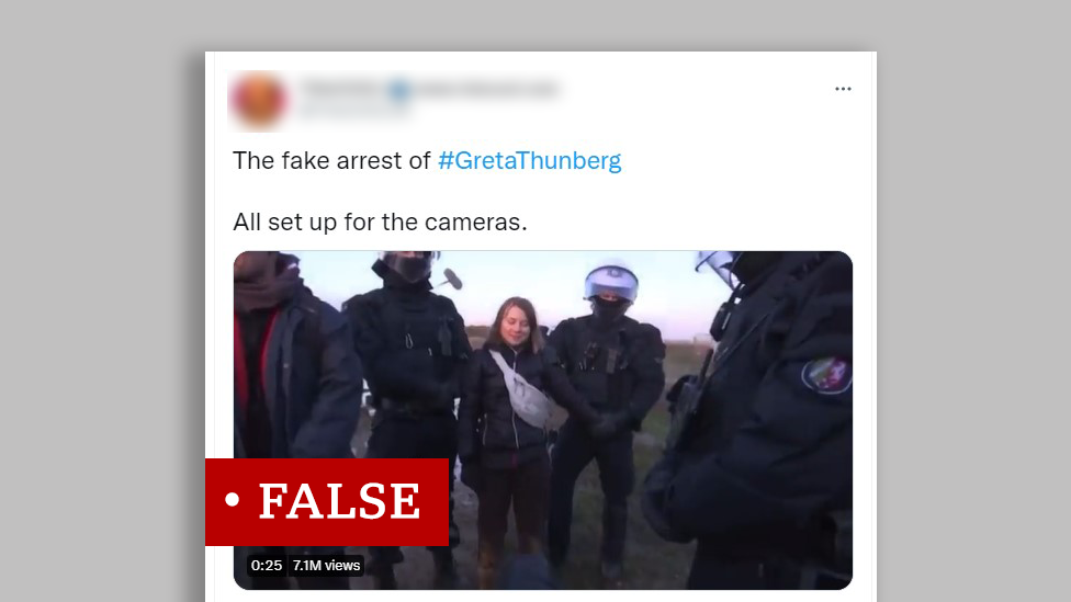 A Twitter post falsely claiming that the detainment of Greta Thunberg was fake.