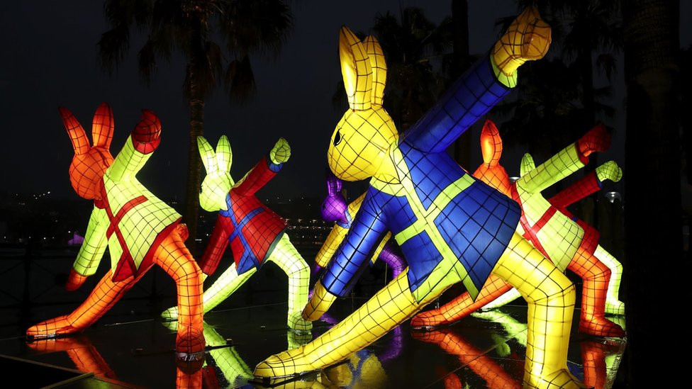 Illuminated artwork of rabbits dancing in Sydney, Australia 2019