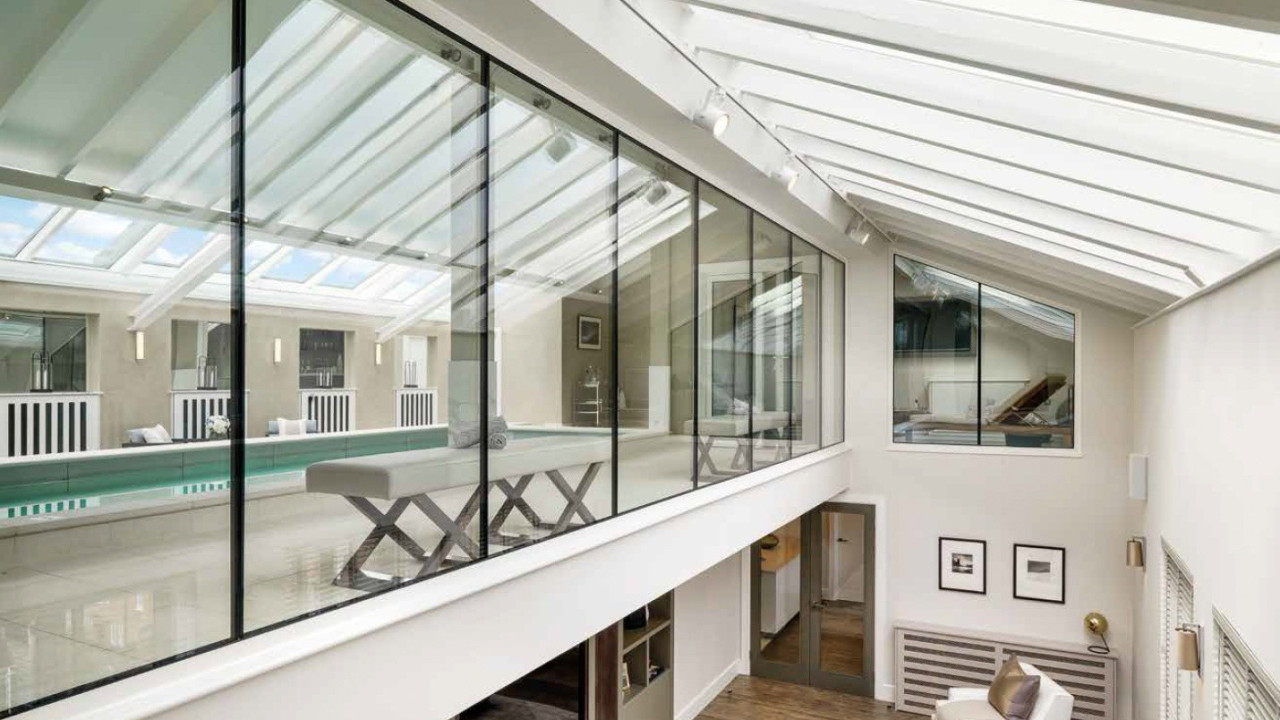 The pool, overlooking an informal reception room